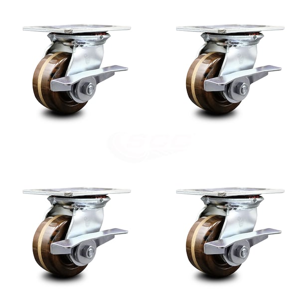 4 Inch Heavy Duty High Temp Phenolic Caster Set with Roller Bearings and Brakes